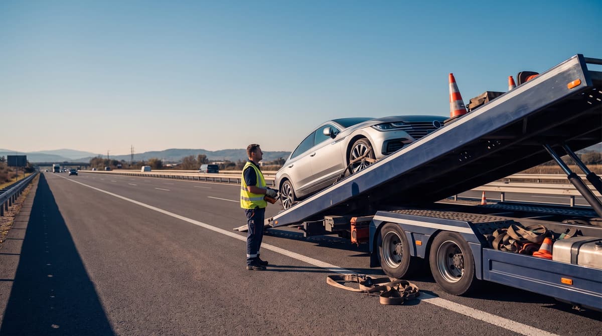 Automobil na auto-transporteru pored autoputa